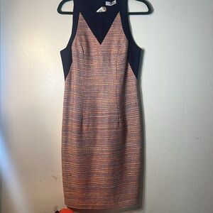 NWT David Peck Crop Woven Tweed Orange Turquoise Navy Fitted Dress Medium